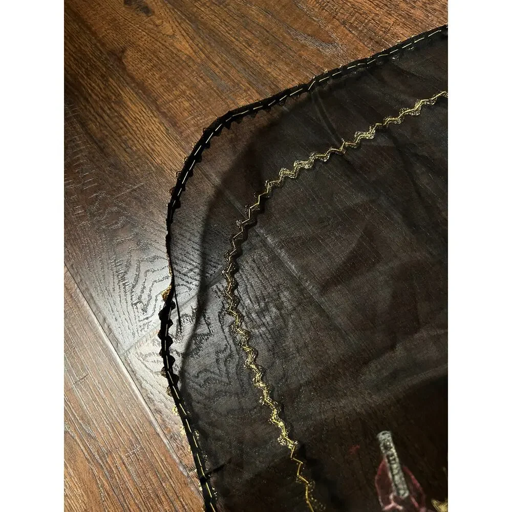 VTG Mid Century Sheer Black Half Apron Hand Painted Martini Cigarette Gold Trim